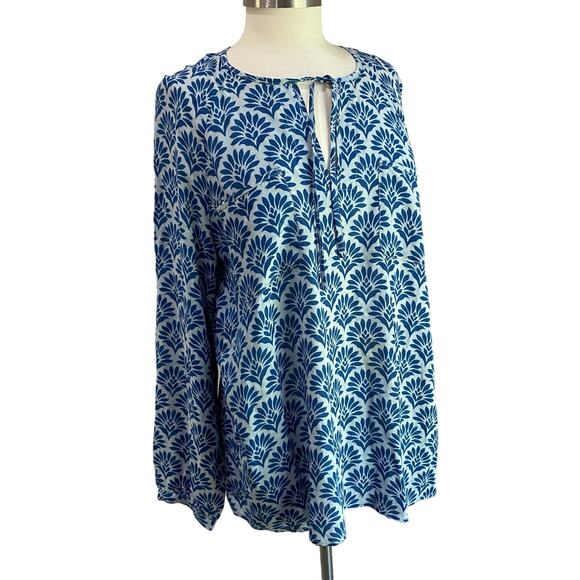 J. Jill Pure Blue Boho Print 100% Modal Rayon Front Neck Tie Blouse Sz L - Picture 2 of 7